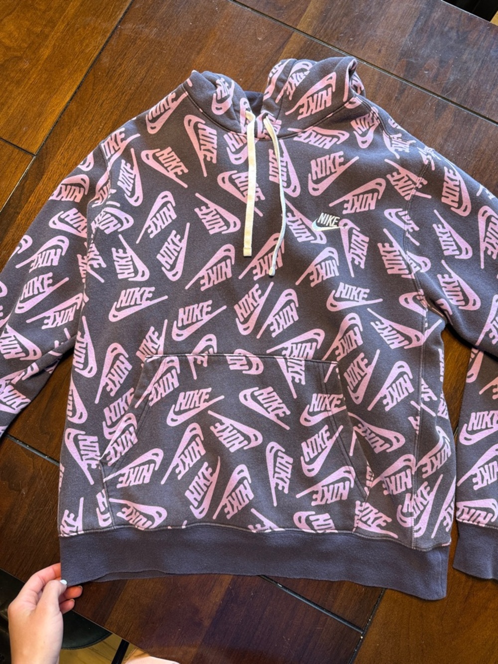 Nike Pink Logo Allover Pullover Hoodie on Charcoal
